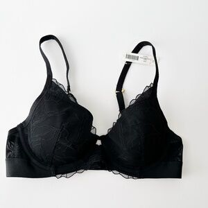 Plunge Bra With Linework Embroidery in Black, 36 B NWT